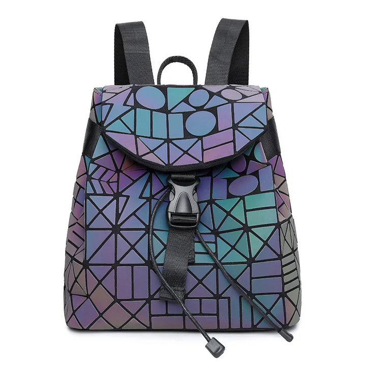 Geometric pattern backpack with blue, purple, and green reflective shapes and black straps
