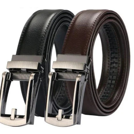 Two leather belts, one black and one brown, with silver automatic ratchet buckles
