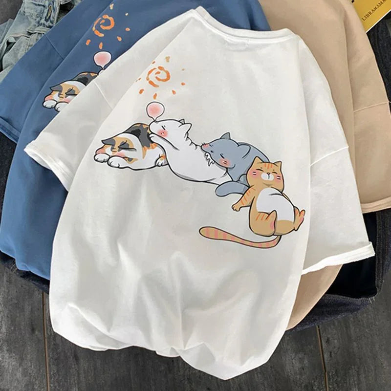 White short-sleeve T-shirt with cute cartoon cats laying in a row and orange sun design on back