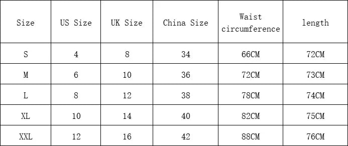 Clothing size chart table showing sizes S to XXL with US, UK, China sizes, waist circumference, and length measurements