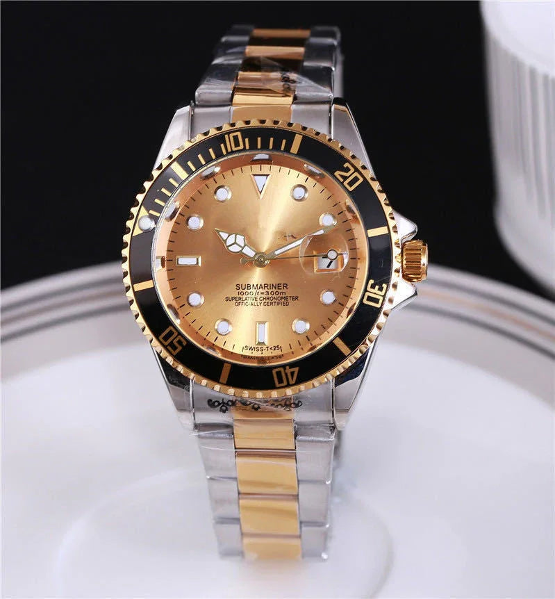 Two-tone gold and silver Submariner wristwatch with black bezel and gold dial on white surface