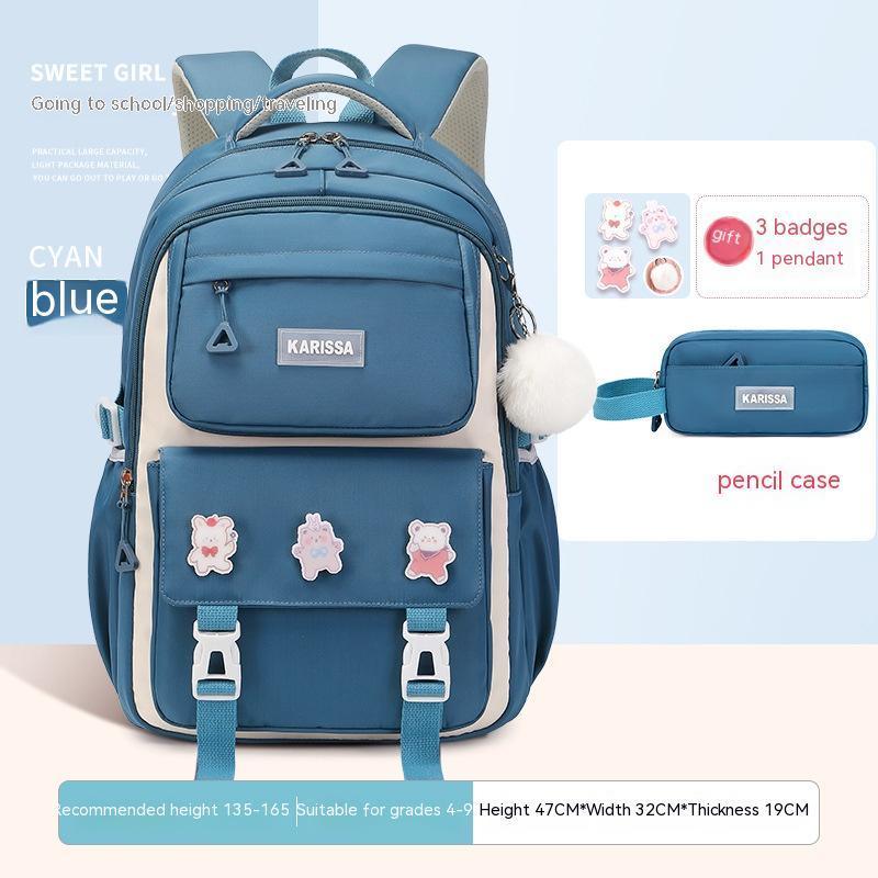 Cyan blue KARISSA school backpack with bear badges and matching pencil case for girls