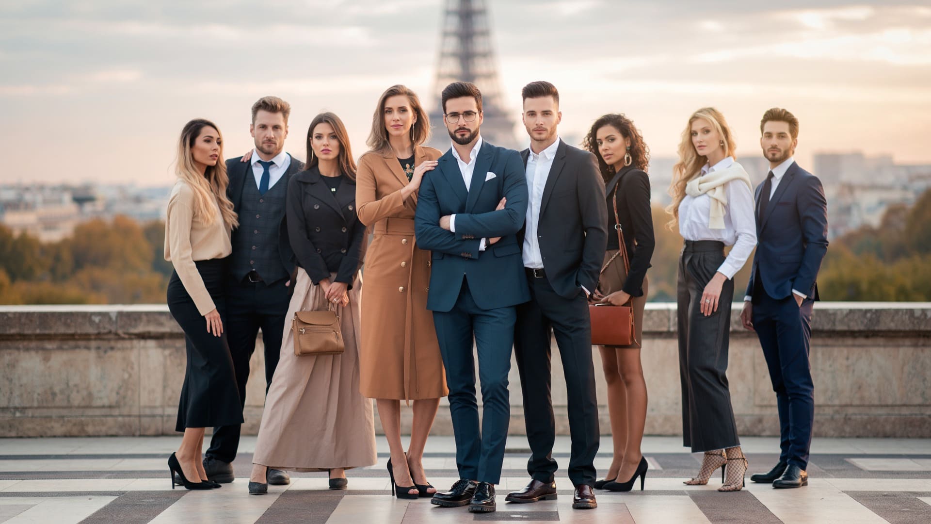 Group of people in formal attire standing on a rooftop with a cityscape in the background