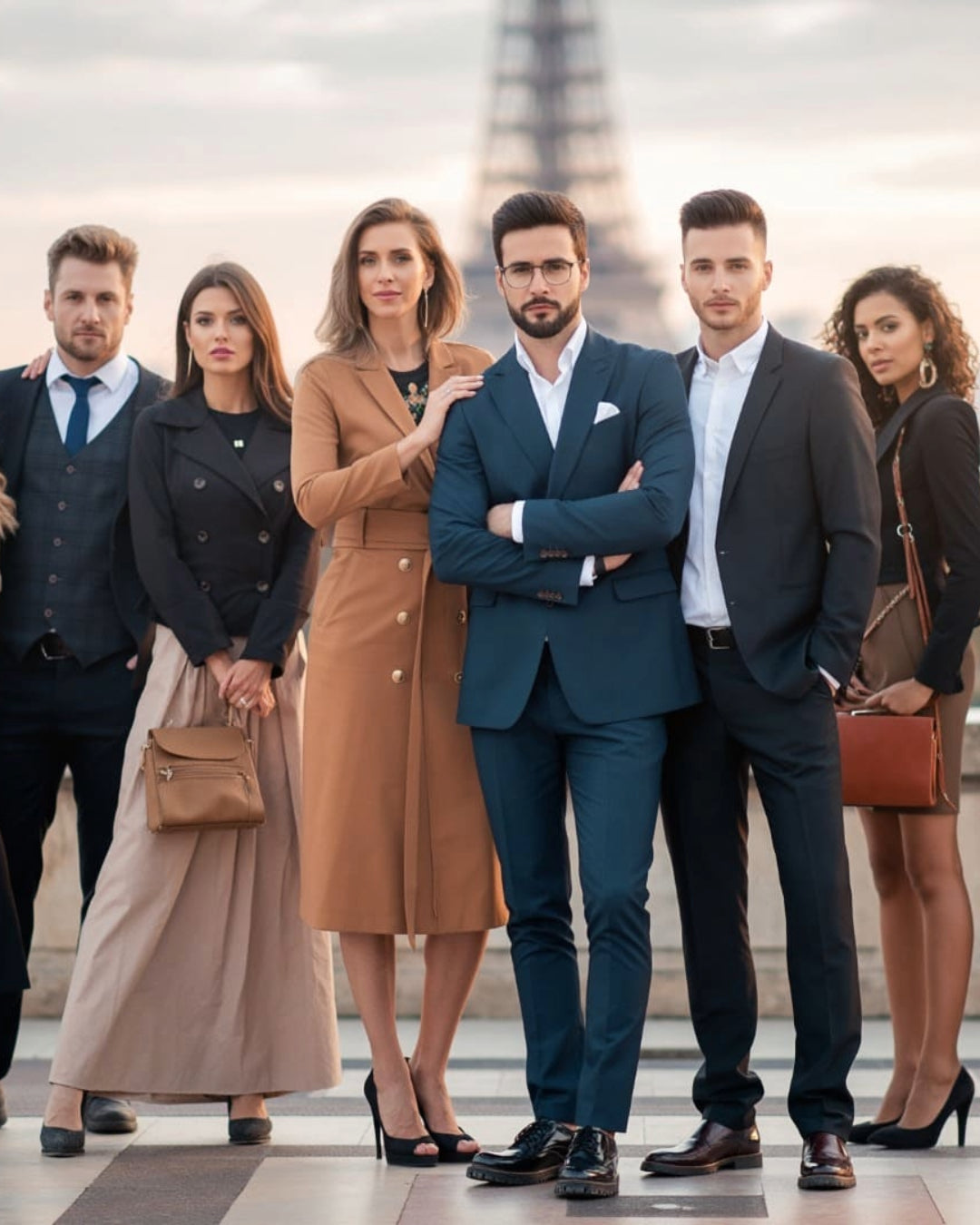 Group of six professionally dressed individuals standing together outdoors with a blurred cityscape background.