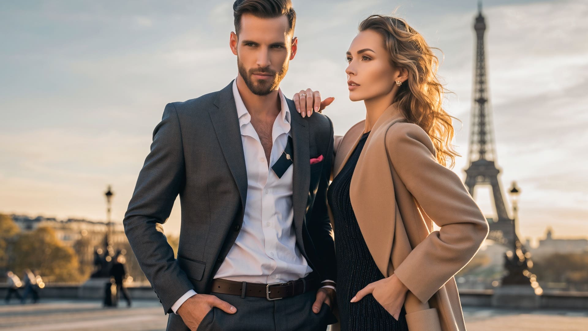 Man and woman posing in front of Paris