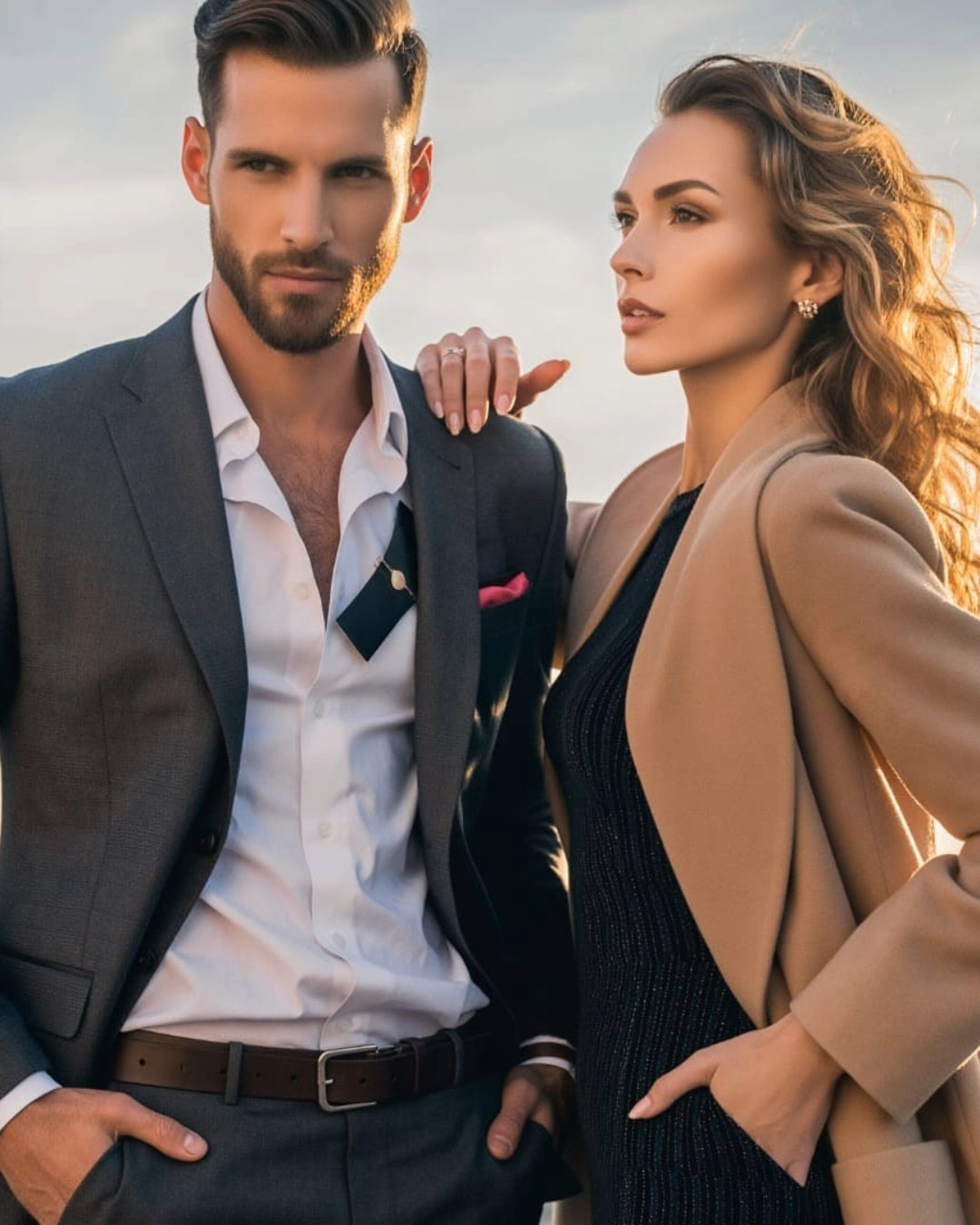Man and woman standing close together outdoors with a scenic background