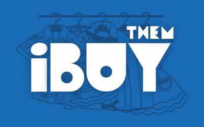 Logo of ibuythem.com with clothing items on hangers against a blue background